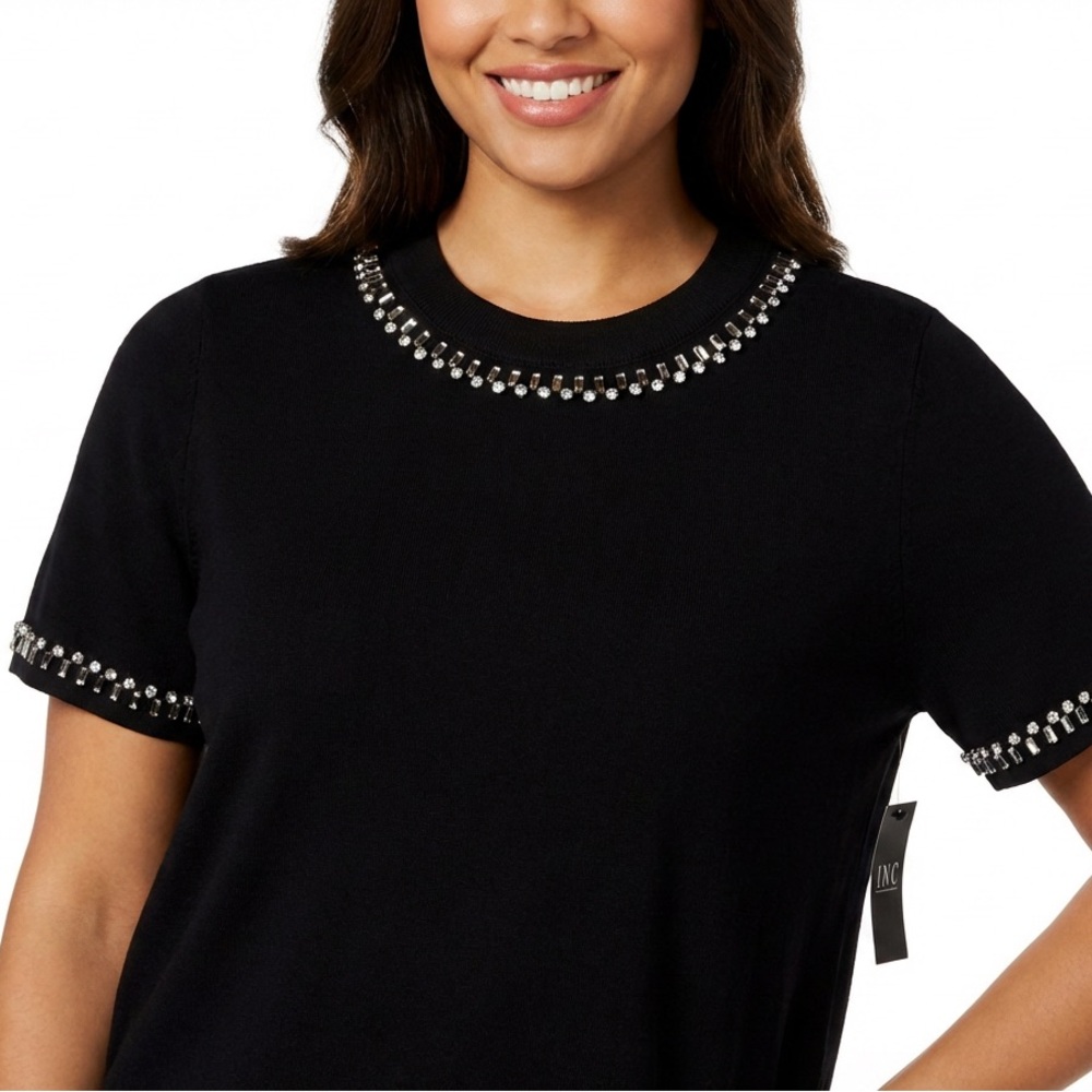 INC International Concepts Black Short-Sleeve Jewel-Trim Knit Top